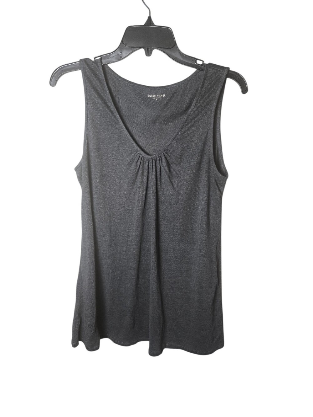 Eileen Fisher 100% Linen V-Neck Pleated Tank Top Dark Gray, Relaxed Fit Summer